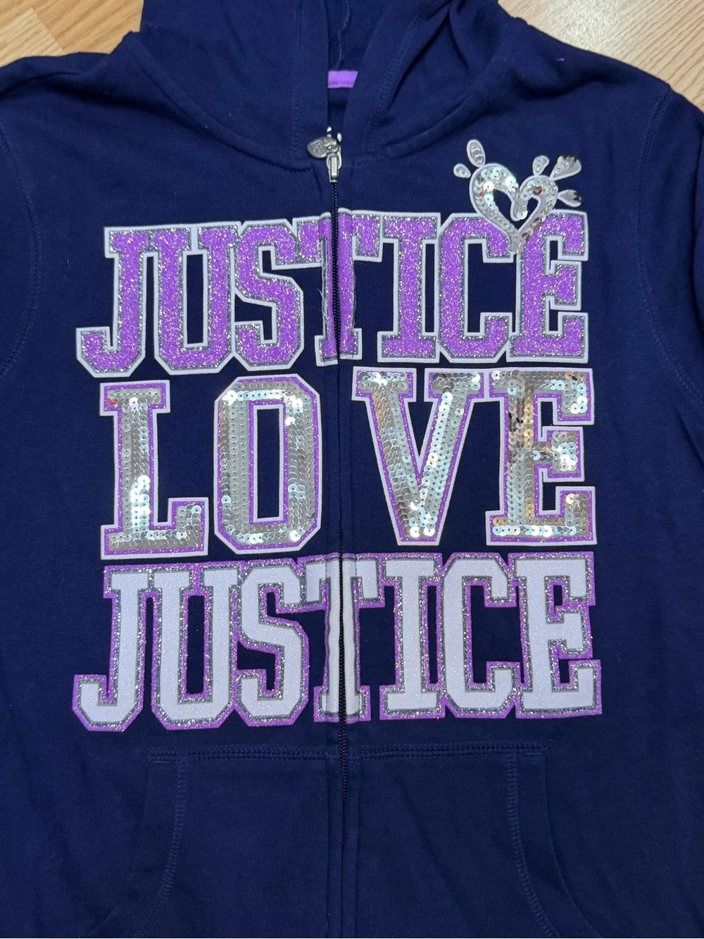 Justice Girls 14 Navy Sequin Love Logo Full Zip Hoodie Glitter Graphic Jacket